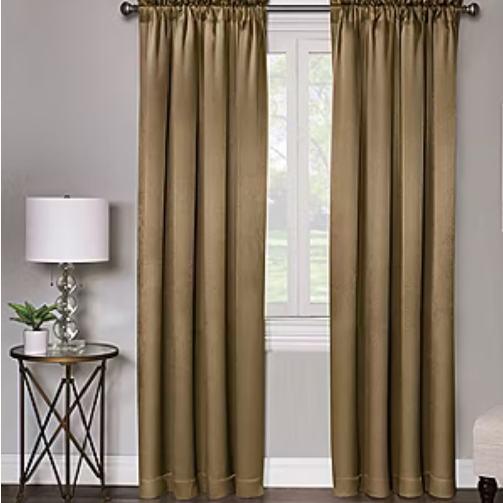 Elegant gold & sea foam green 84” curtain panels with waterfall valences.